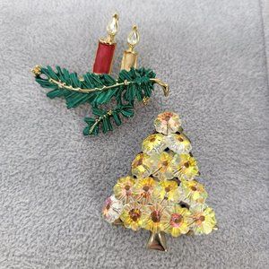 Holiday Pins Vintage Brooches Lot Christmas Tree and Candle Pine Bough LI334